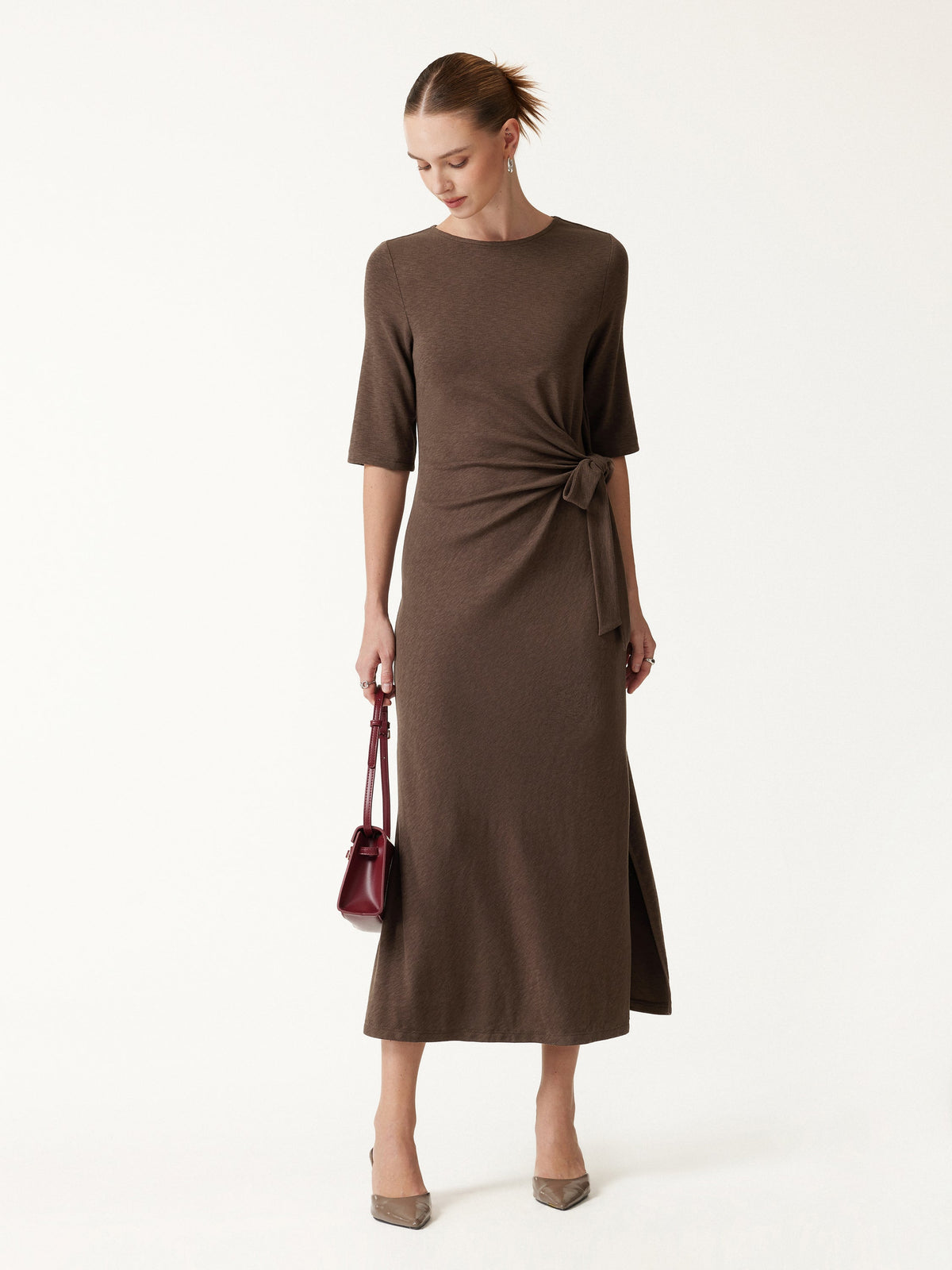 LiteWarm Slub Ribbed Round Neck Elbow Sleeve Tie-Waist Midi Dress — original photo 2