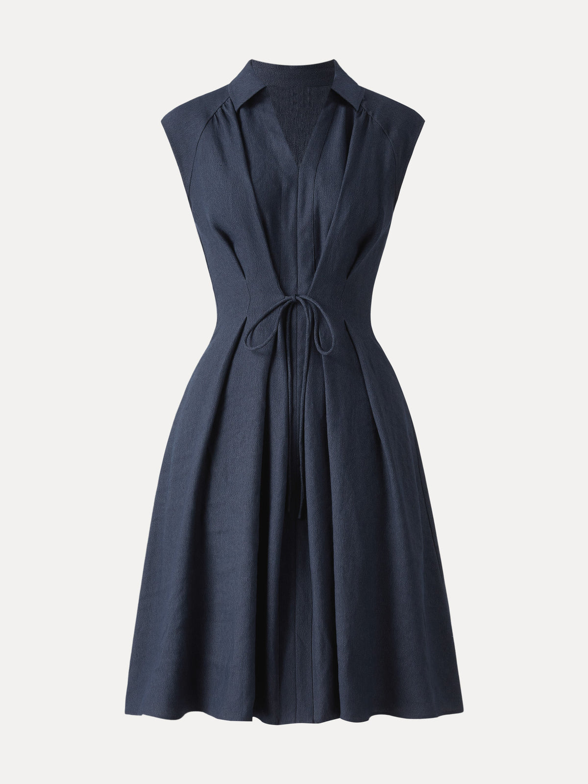 Viscose-Linen Collared V-neck Midi Dress with Drawstring — original photo 5