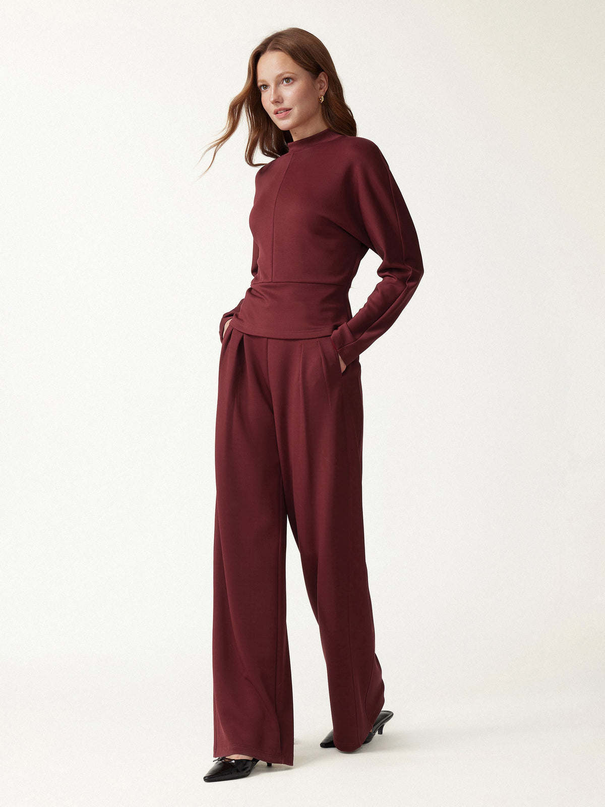 2Pcs Set Mock Neck Batwing Sleeve Top & High-Rise Wide-Leg Pants with Pockets — original photo 3