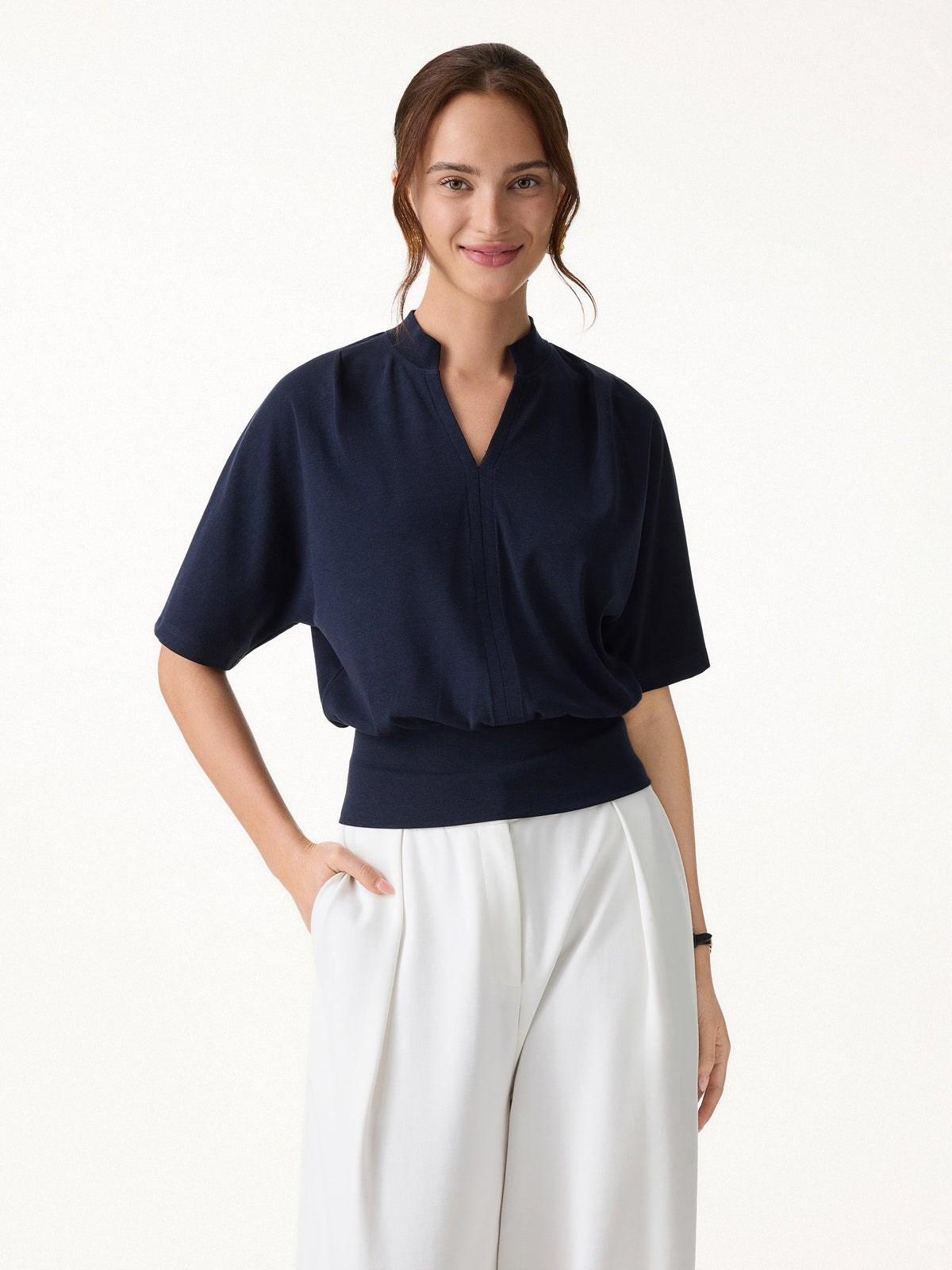 Stand Collar V-Neck Short Sleeve Top — original photo 3