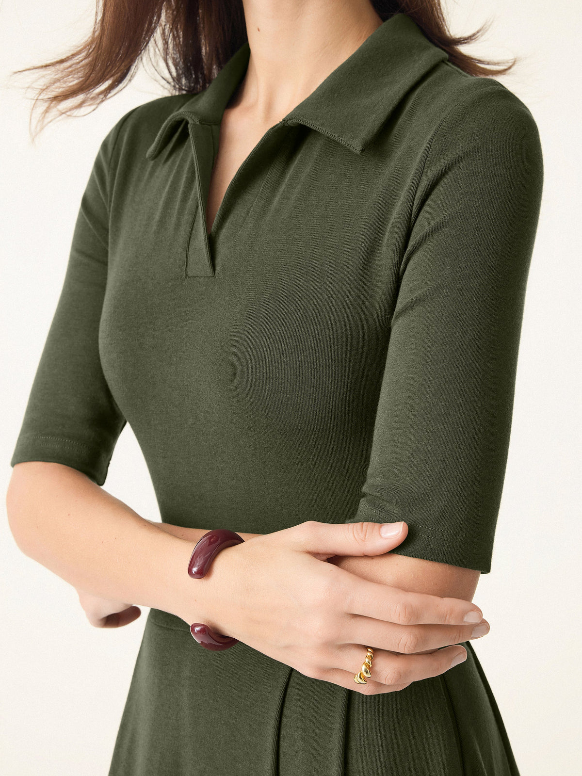 LiteWarm Polo Neck Elbow Length Sleeve Midi Built-In Bra Dress with Pockets — original photo 3