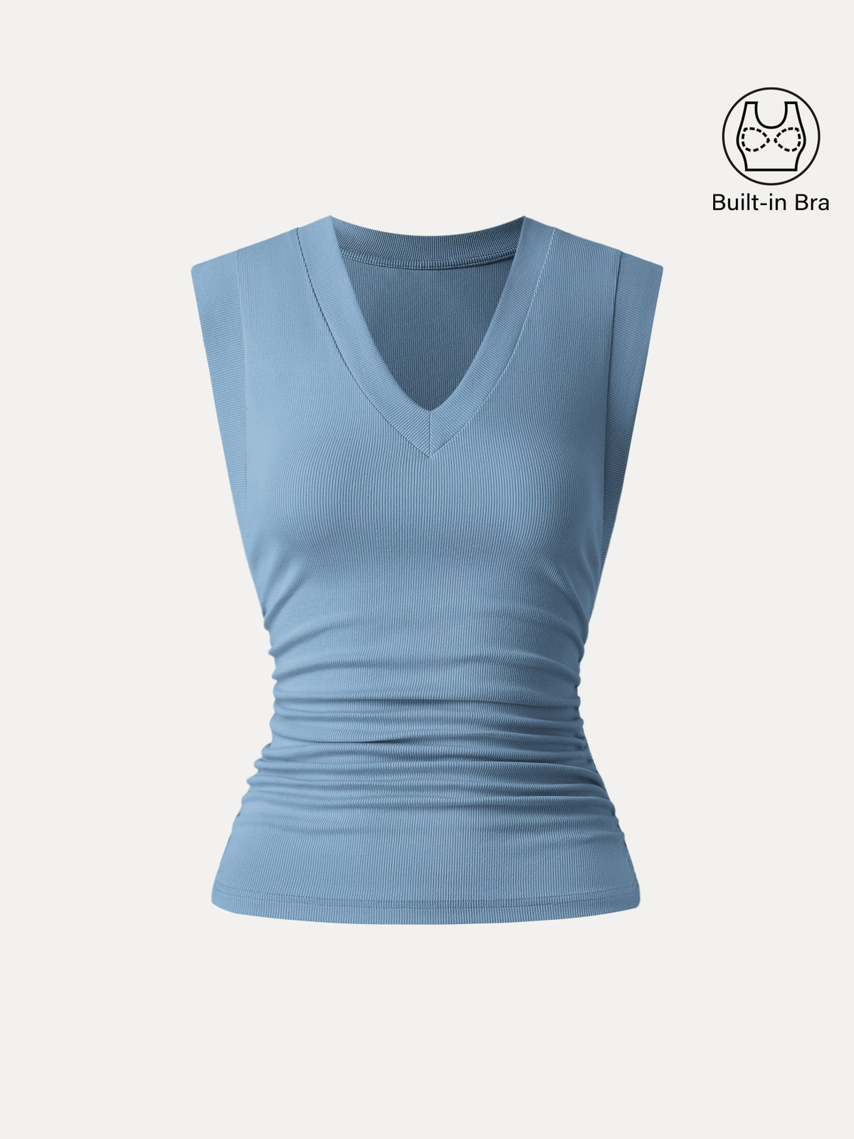 Stretch Cotton V-neck Side Ruched Muscle Built-In Bra Top — original photo 7