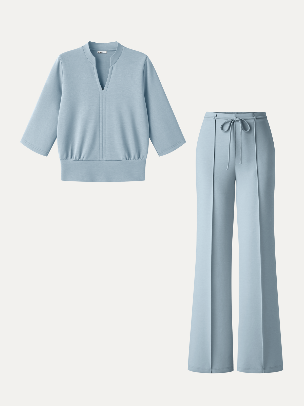 2Pcs Set V-Neck Elbow Sleeve Bam Top & High-Rise Flare Pants with Pockets — original photo 2
