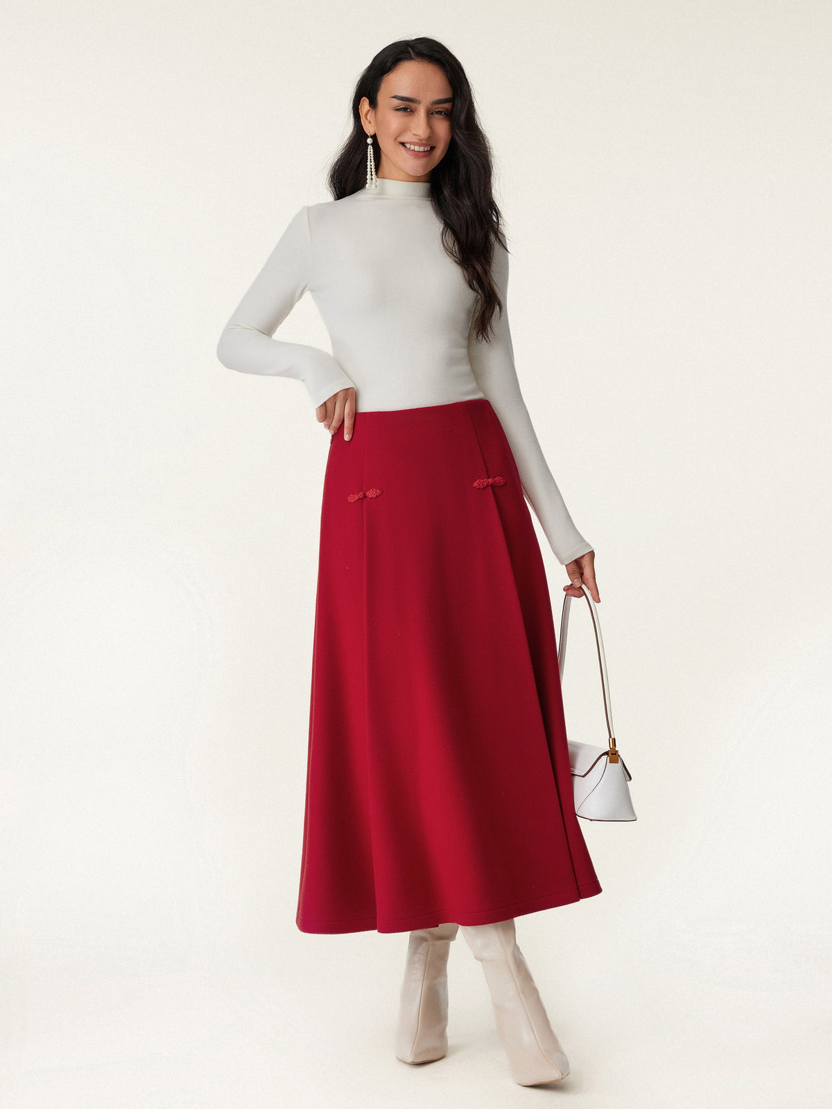 Wool-like Frog Button A-Line Midi Skirt Limited Edition — original photo 2