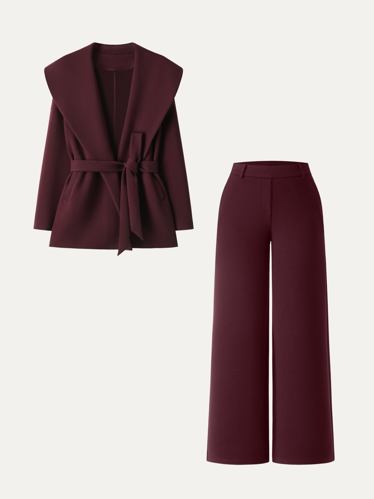 2Pcs Set Belted Shawl Collar Robe Jacket & Mid Rise Straight Pants with Pockets — original photo 12