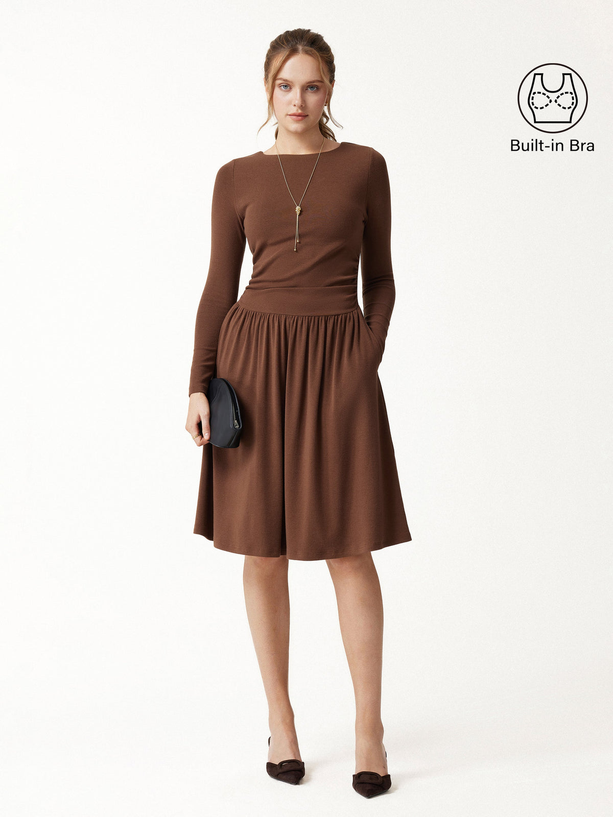 LiteWarm Boatneck Ruched Mini Built-In Bra Dress with Pockets — original photo 1