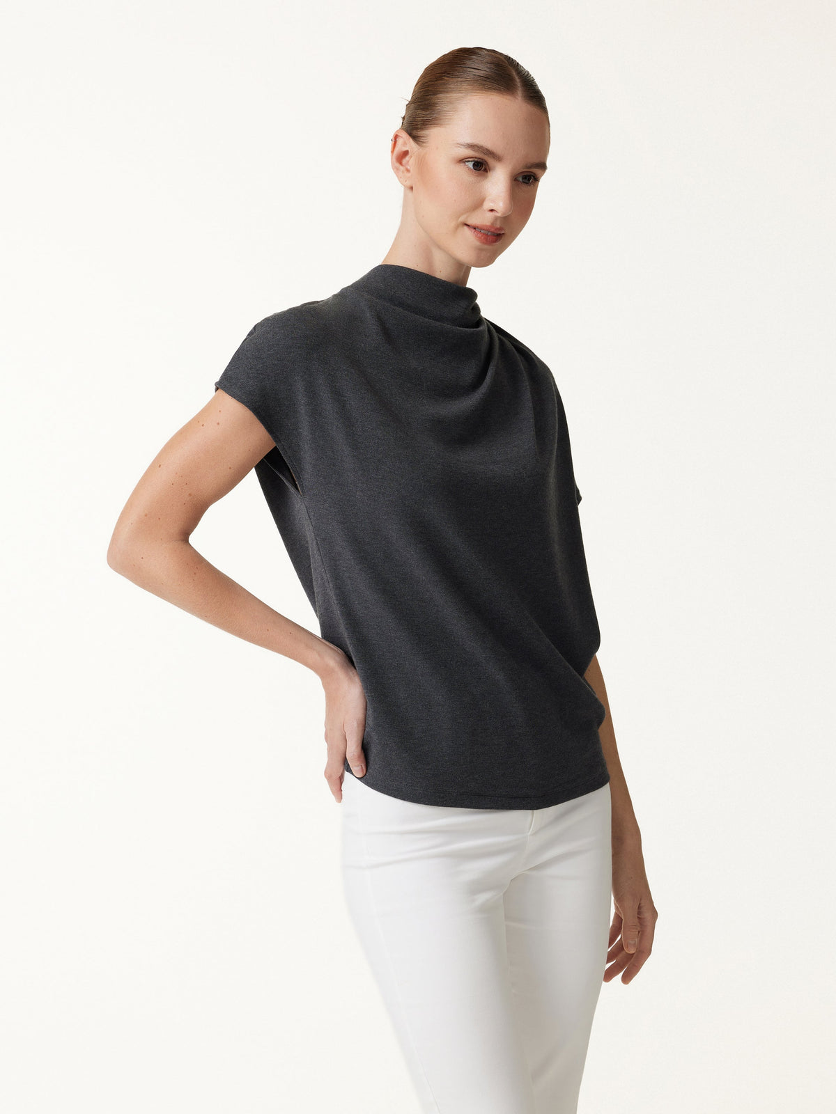 LiteWarm Draped Mock Neck Cap Sleeve Top — original photo 3