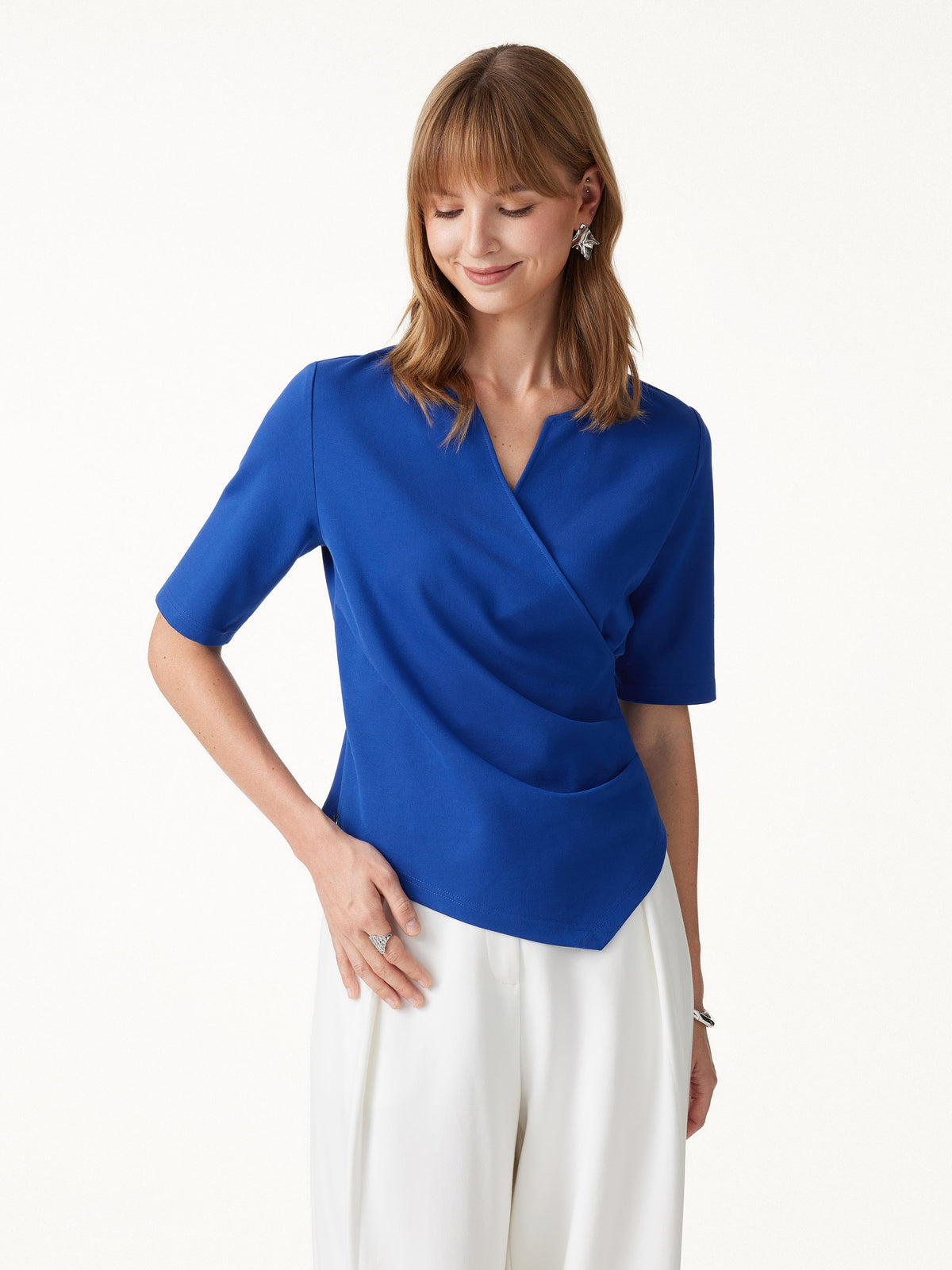 Ponte Surplice Elbow Sleeve Asymmetrical Hem Top — original photo 3