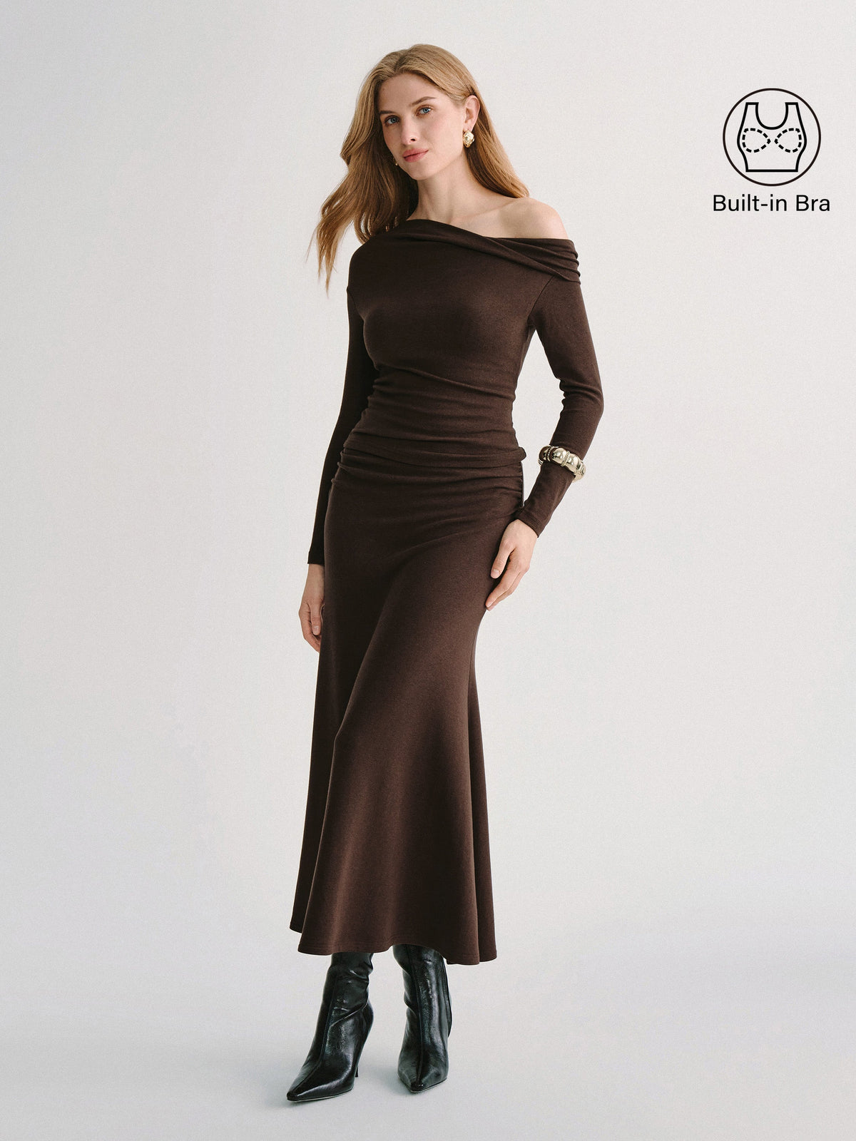2Pcs Set Prowarm Neck Long Sleeve Built-In Bra Top & Mid-Rise Ruched Flared Midi Skirt — original photo 3