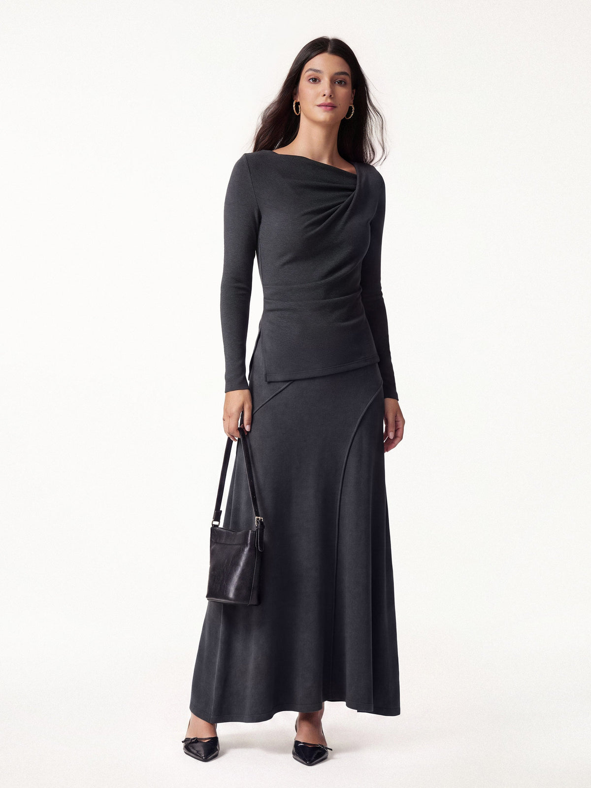 2Pcs Set LiteWarm Asymmetrical Neck Top & Drapey A-Line Midi Skirt — original photo 9