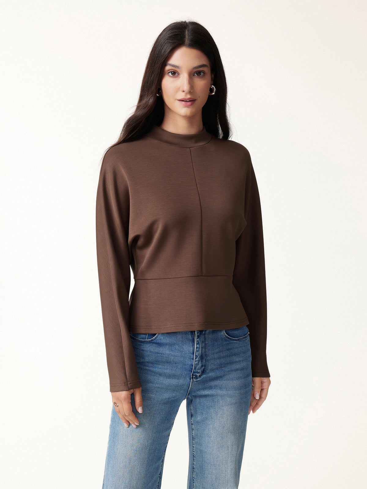 2Pcs Set Mock Neck Batwing Sleeve Top & High-Rise Wide-Leg Pants with Pockets — original photo 4