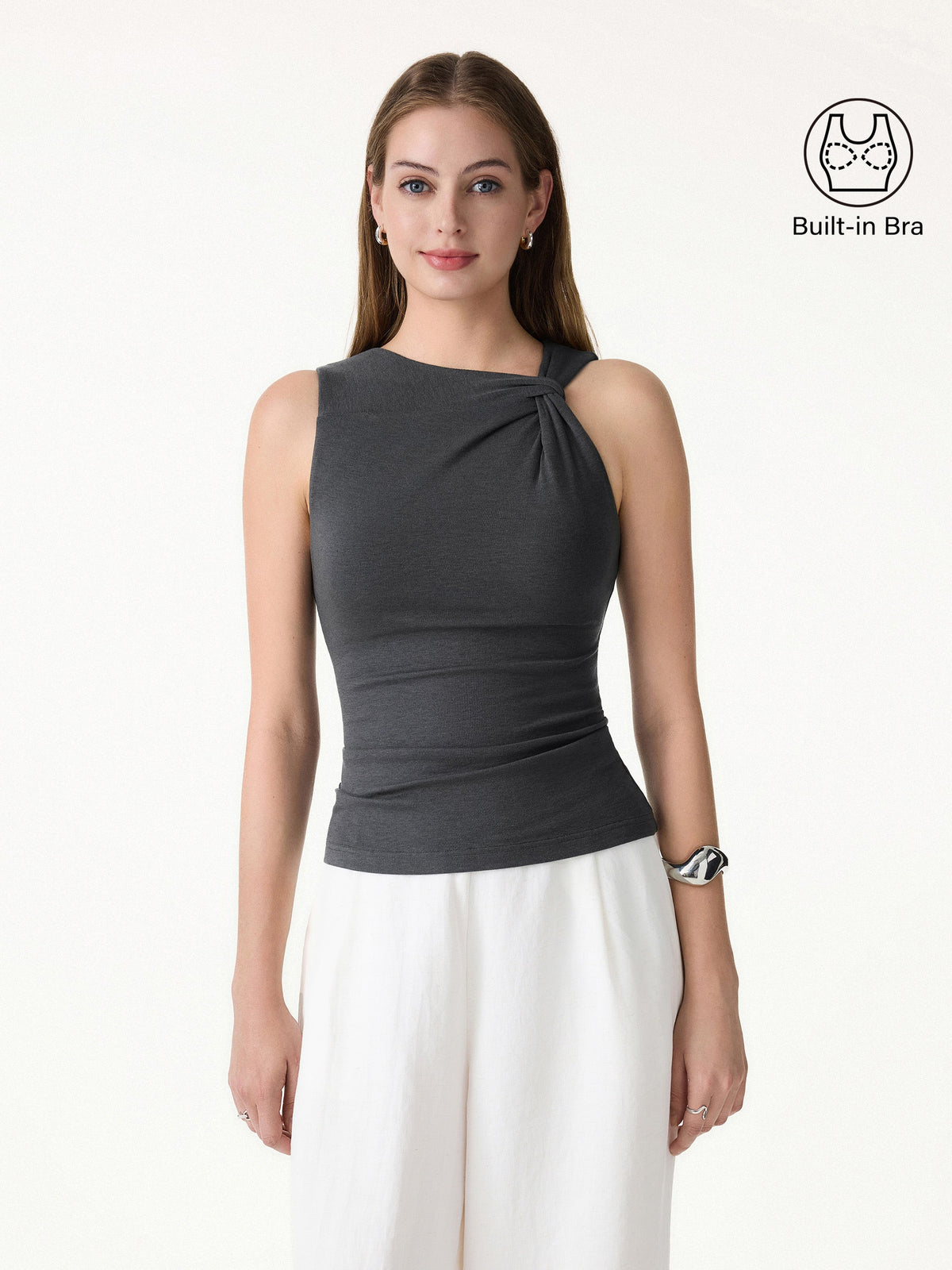 Sweat-Wicking Asymmetrical Neck Knotted Built-In Bra Tank — original photo 5