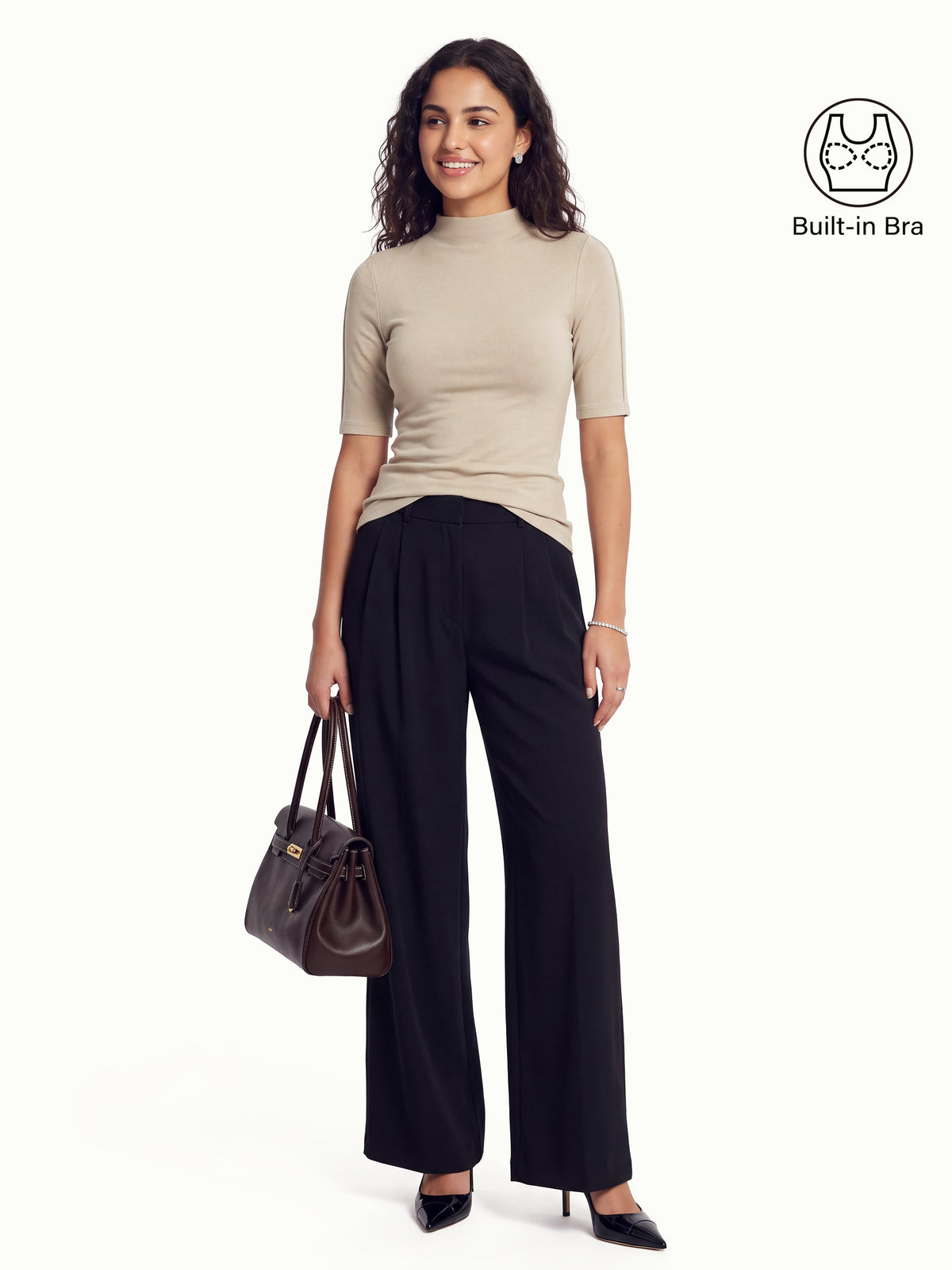 LiteWarm Mock Neck Elbow Sleeve Pintuck Built-In Bra Top — original photo 10