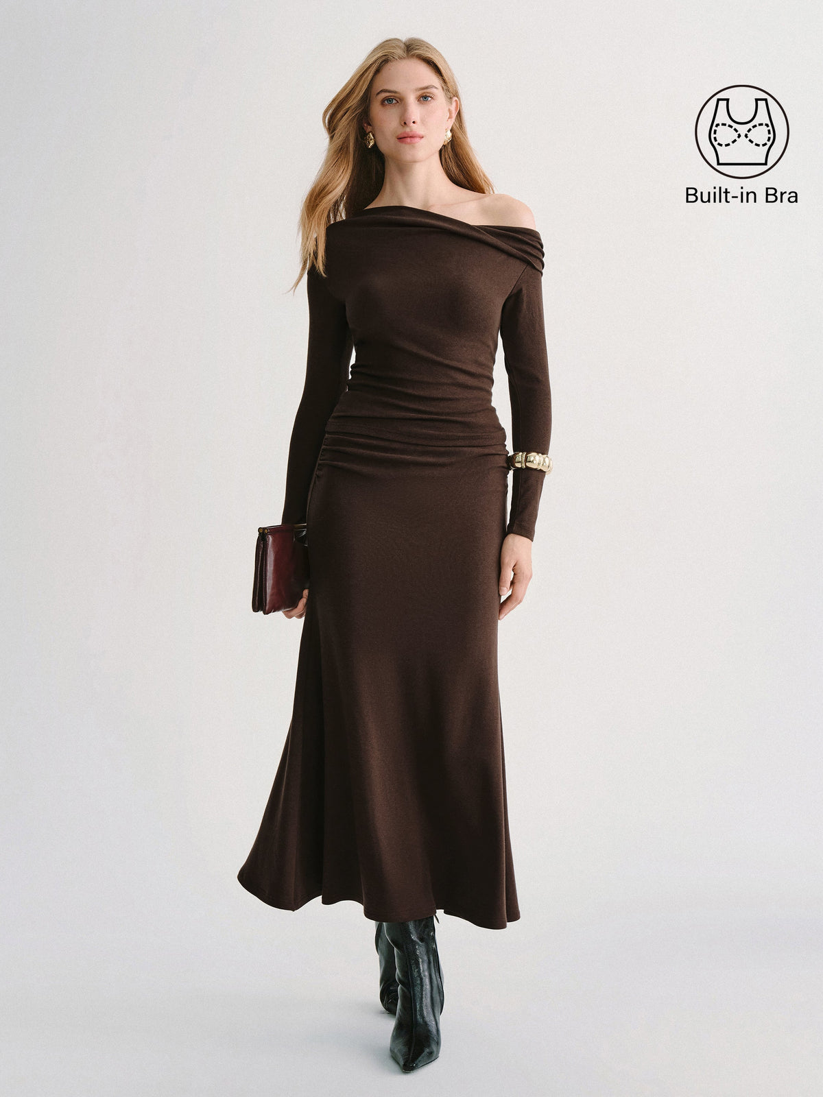 2Pcs Set Prowarm Neck Long Sleeve Built-In Bra Top & Mid-Rise Ruched Flared Midi Skirt — original photo 1