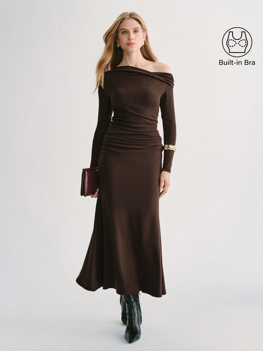 2Pcs Set Prowarm Neck Long Sleeve Built-In Bra Top & Mid-Rise Ruched Flared Midi Skirt — original photo 1