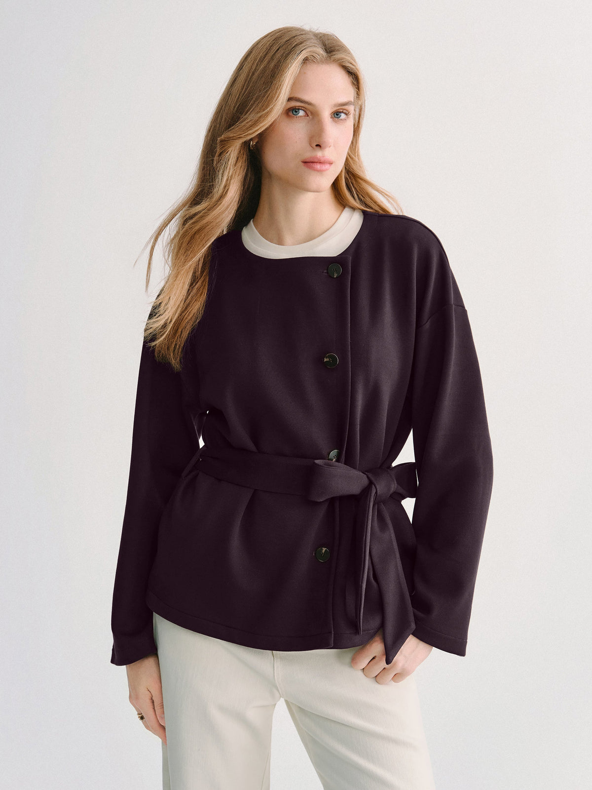 2Pcs Set Round Neck Long Sleeve Belted Jacket with Pockets & Mid-Rise Flared Pants with Pockets — original photo 5