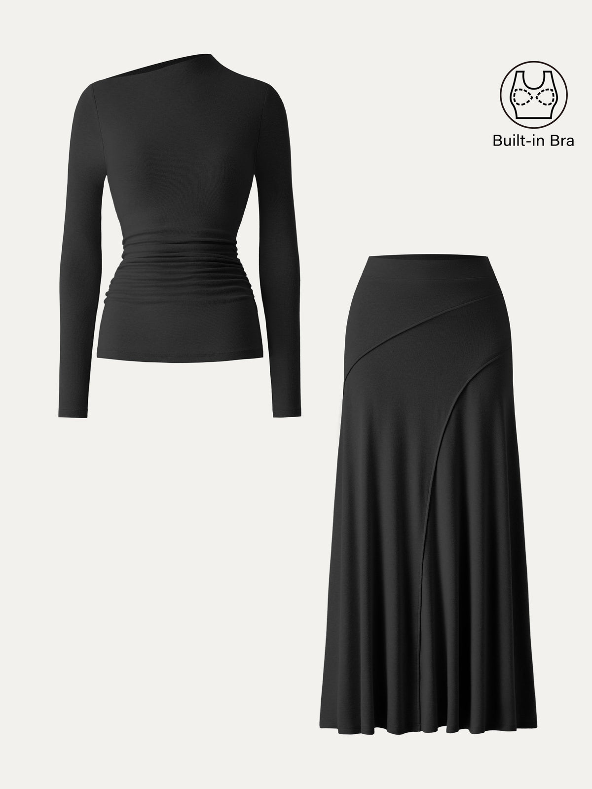 2Pcs Set LiteWarm Asymmetrical Long Sleeve Built-In Bra Top & A-Line Midi Skirt — original photo 9