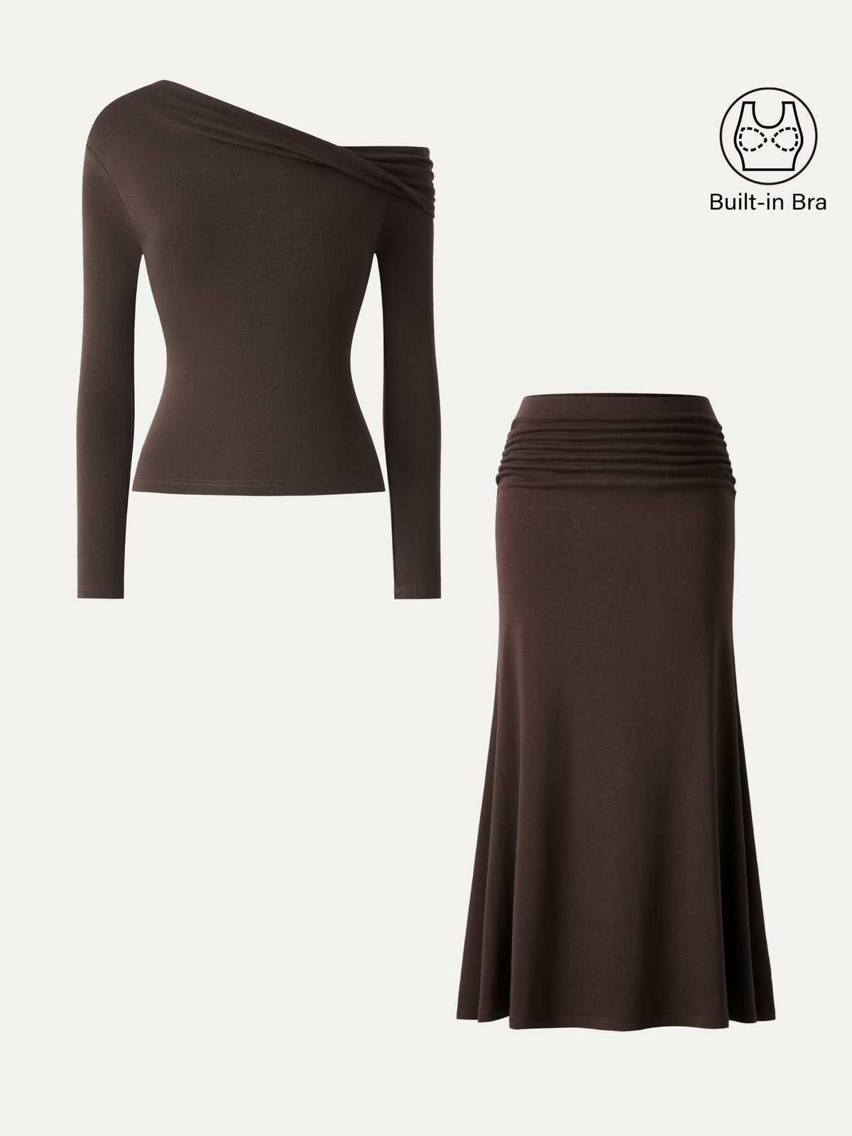 2Pcs Set Prowarm Neck Long Sleeve Built-In Bra Top & Mid-Rise Ruched Flared Midi Skirt — original photo 2