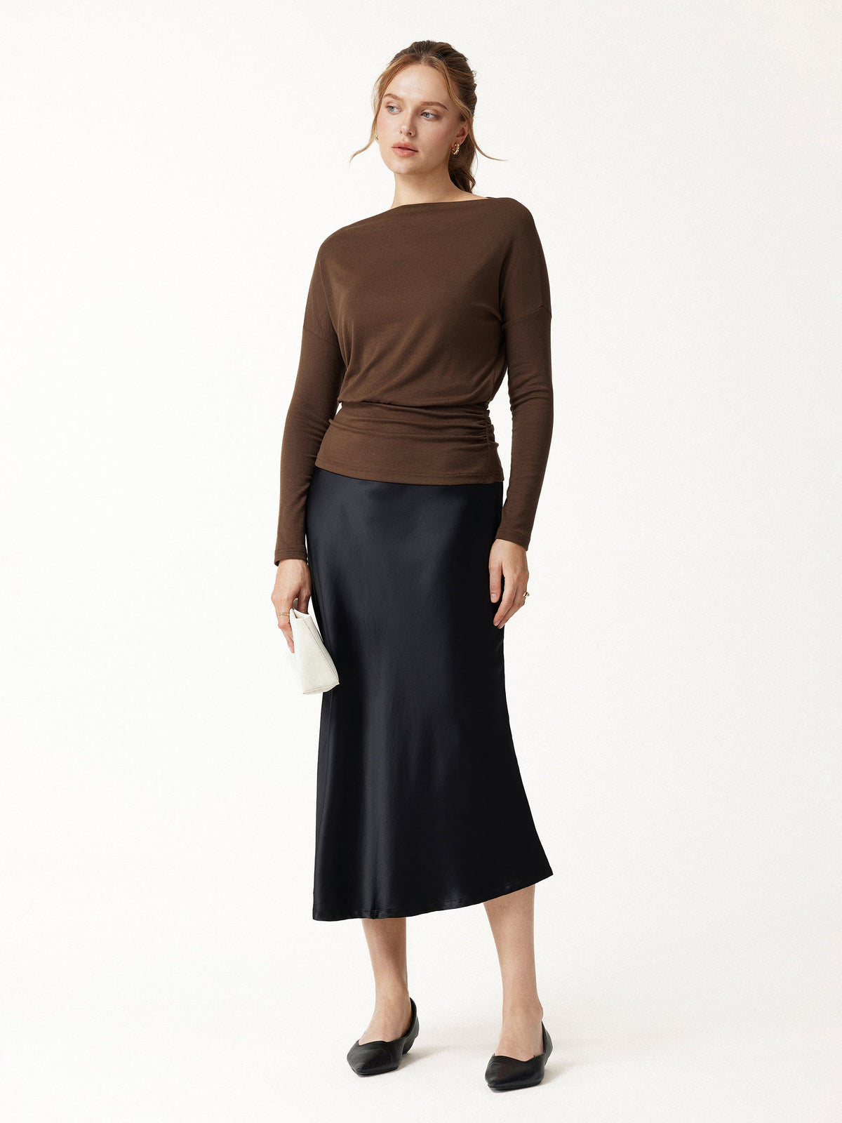 LiteWarm Lyocell-Wool Slash Neck Long Sleeve Ruched Banded Hem Top — original photo 2