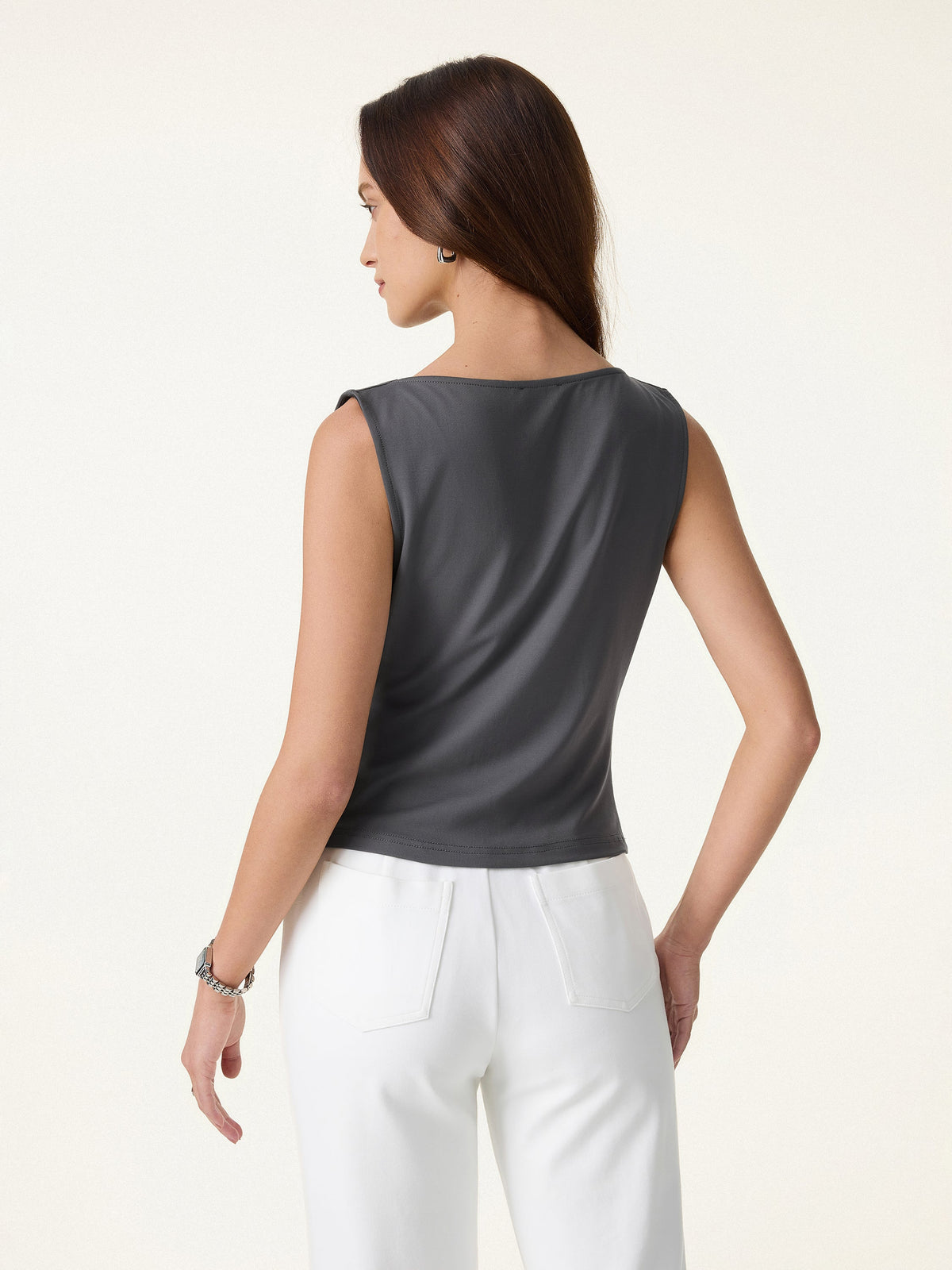 Cowl Neck Asymmetrical Tucked Sleeveless Top — original photo 4
