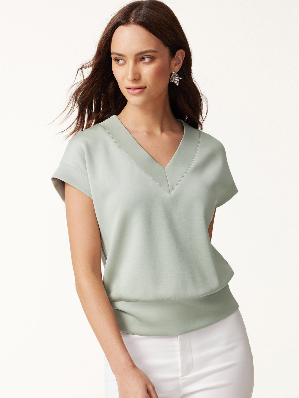 Lyocell Spacer Knit V-Neck Banded Hem Top — original photo 1