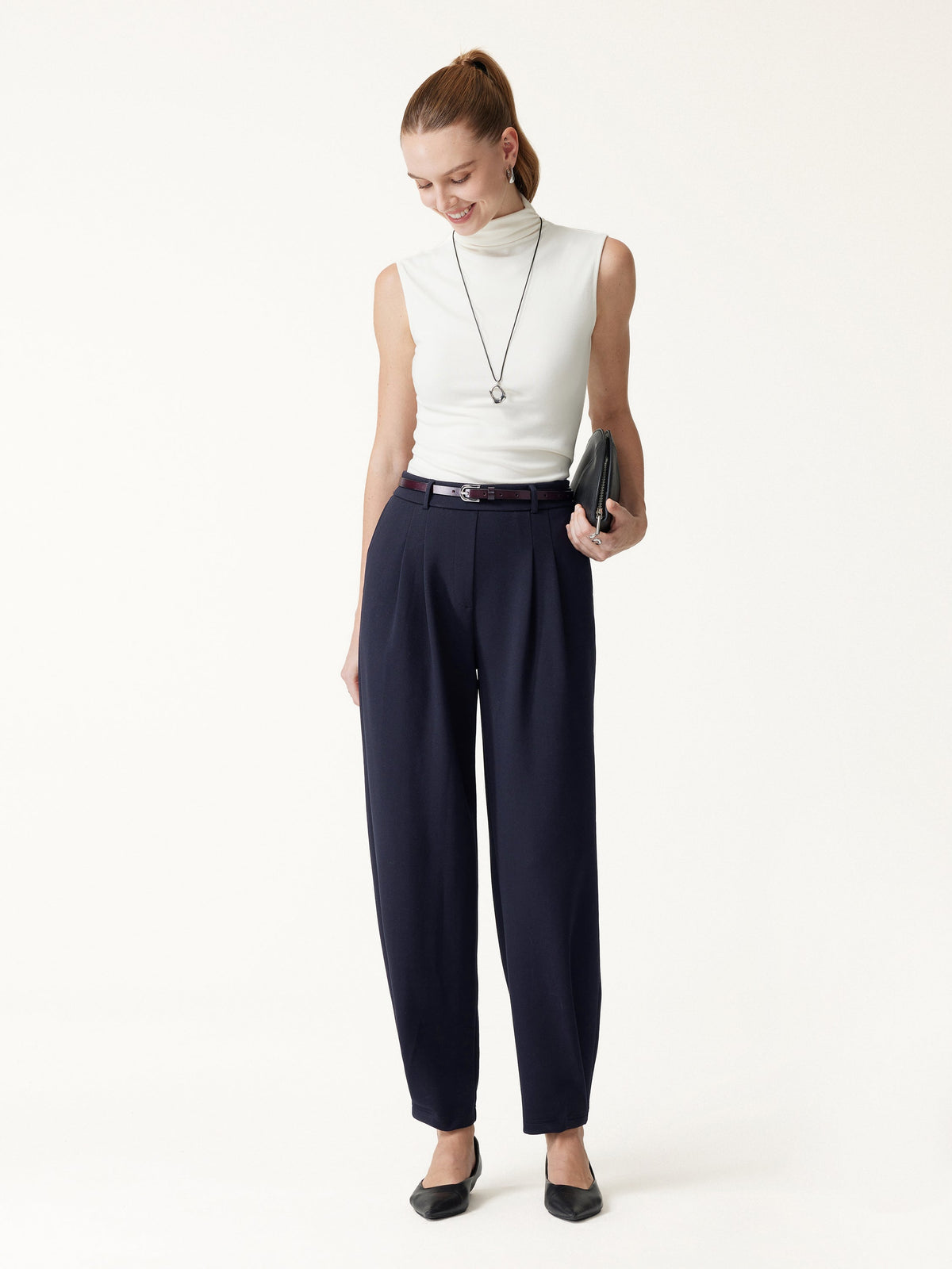 Petite Stretch Ponte High-Rise Ankle Tapered Tuck Pants with Pockets — original photo 1
