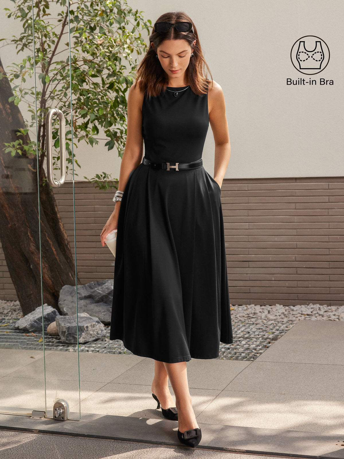 Boatneck Bamboo Ponte Bra Midi Dress with Pockets — original photo 1