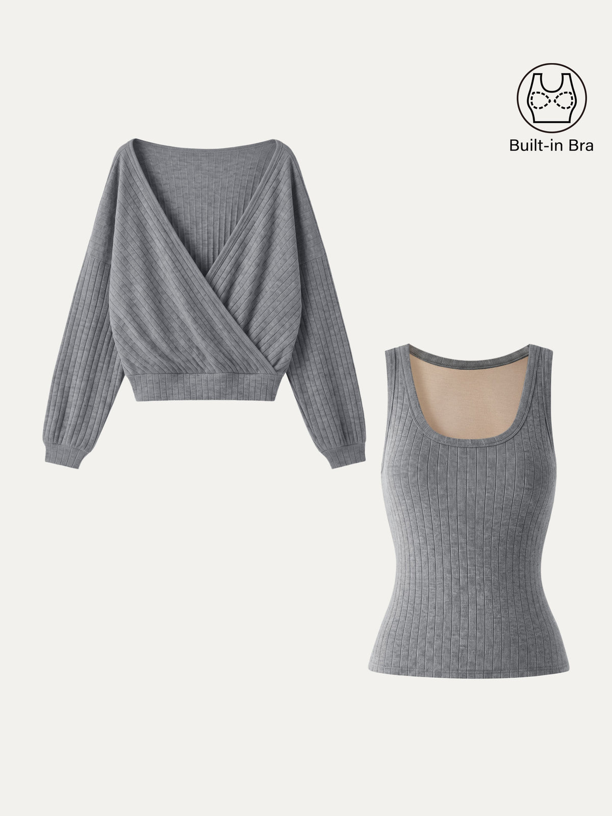 2Pcs Set MaxWarm U-Neck Built-In Bra Top & Crossover Banded Hem Top — original photo 2