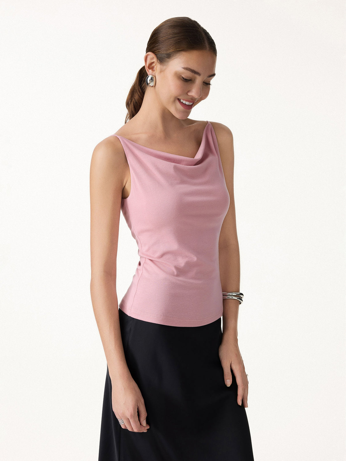 Stretch Linen Cowl Neck Built-In Bra Tank — original photo 4