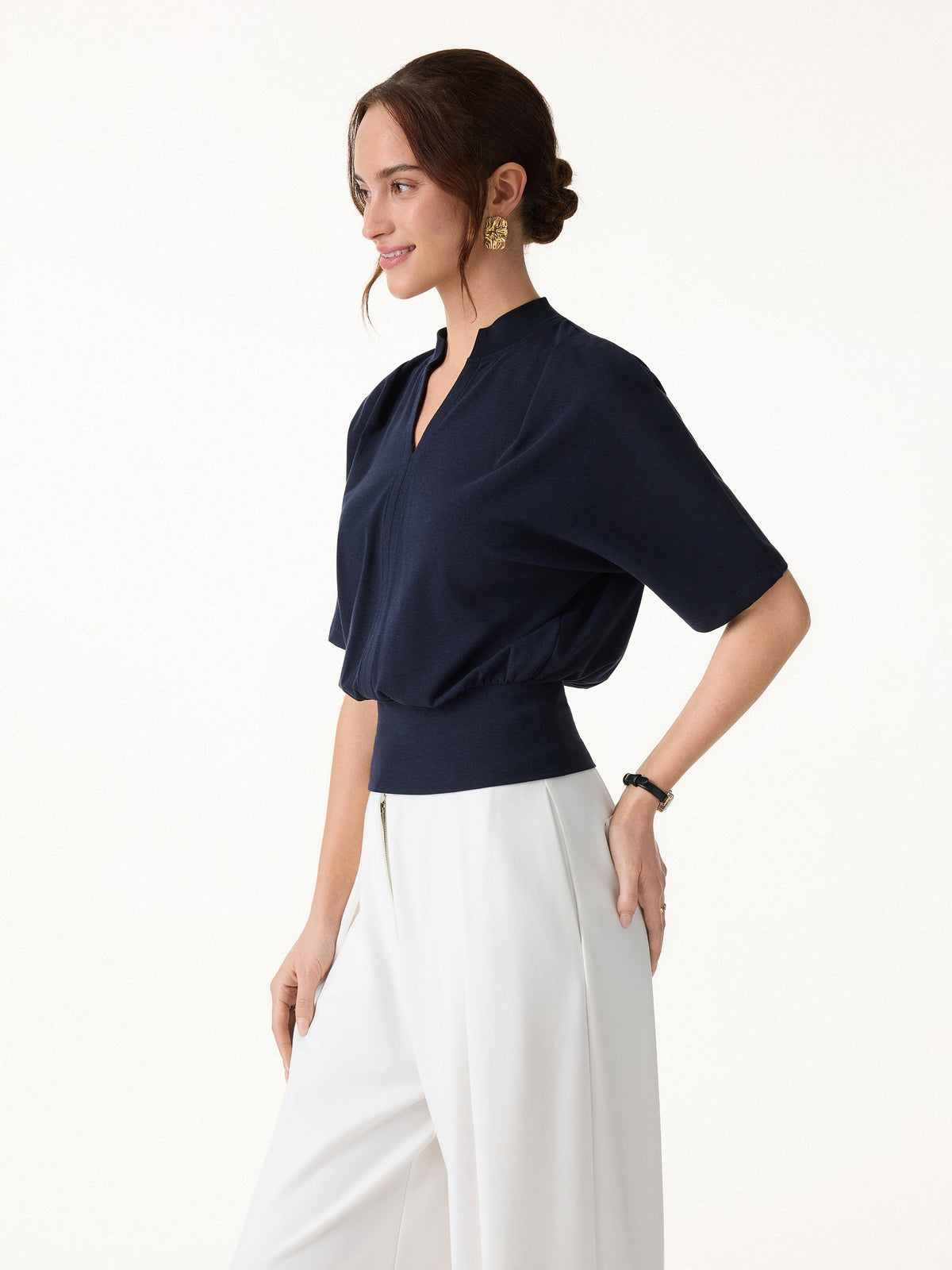 Stand Collar V-Neck Short Sleeve Top — original photo 1
