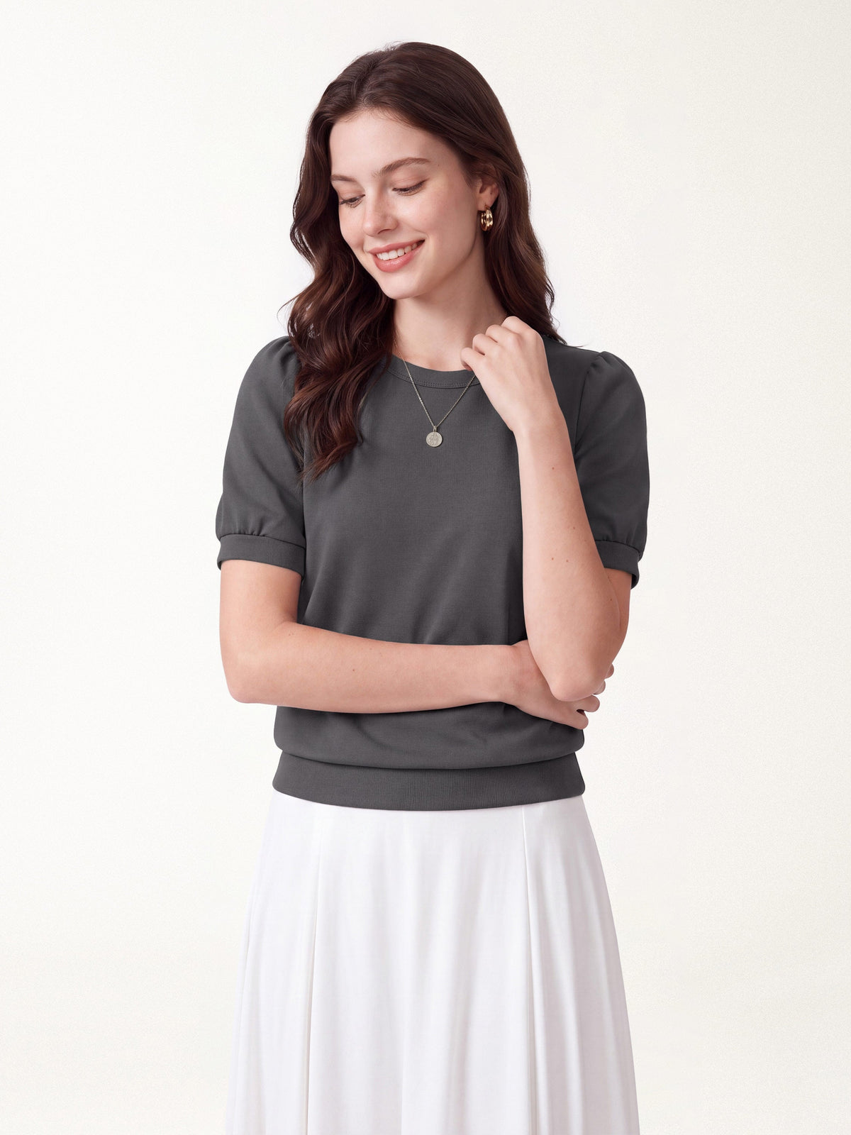 Lyocell Spacer Round Neck Puffed Short Sleeve Top — original photo 7