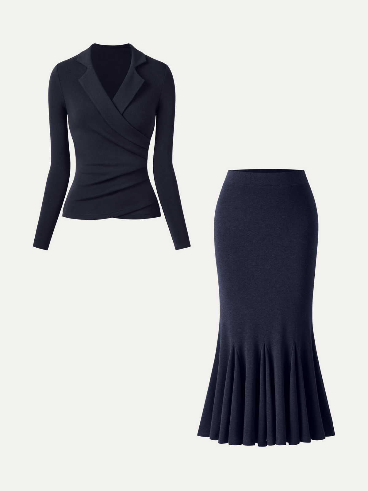 2Pcs Set ProWarm Collared Surplice Top & High-Rise Mermaid Midi Skirt — original photo 10