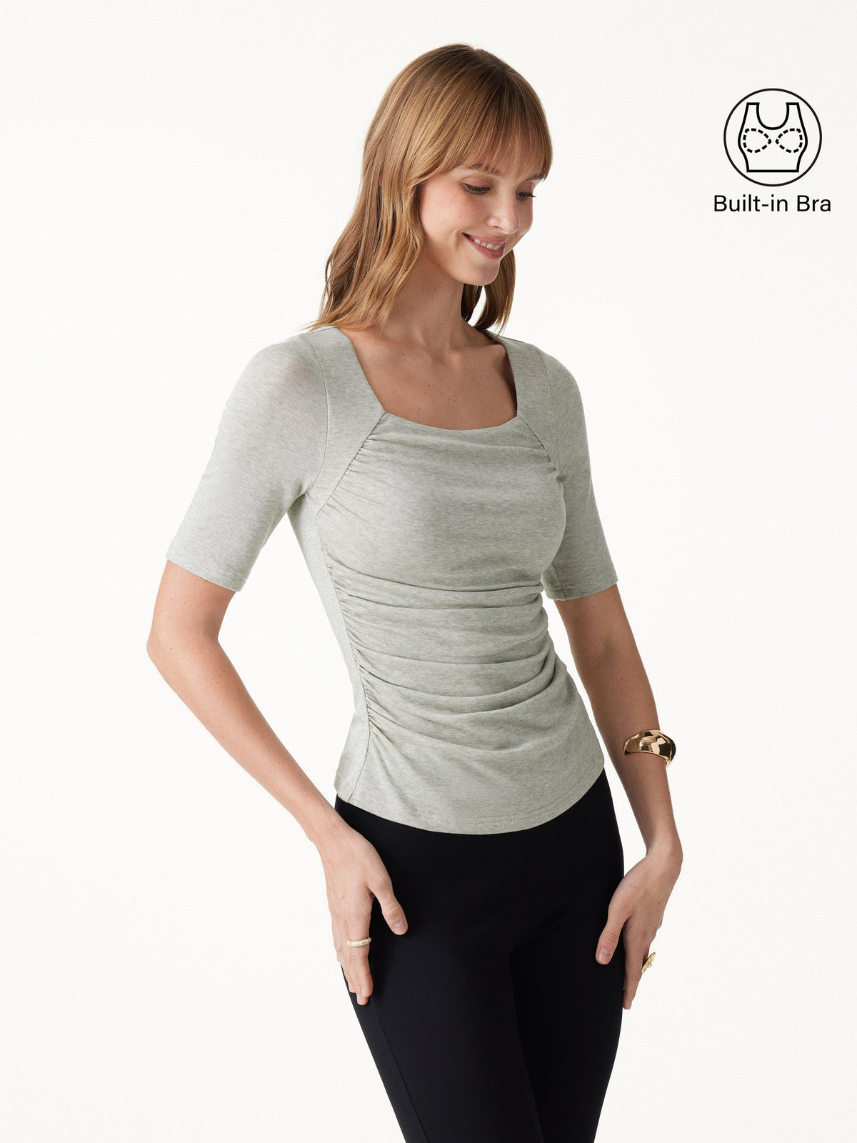 LiteWarm Lyocell-Wool Square Neck Elbow Sleeve Ruched Built-In Bra Top — original photo 3