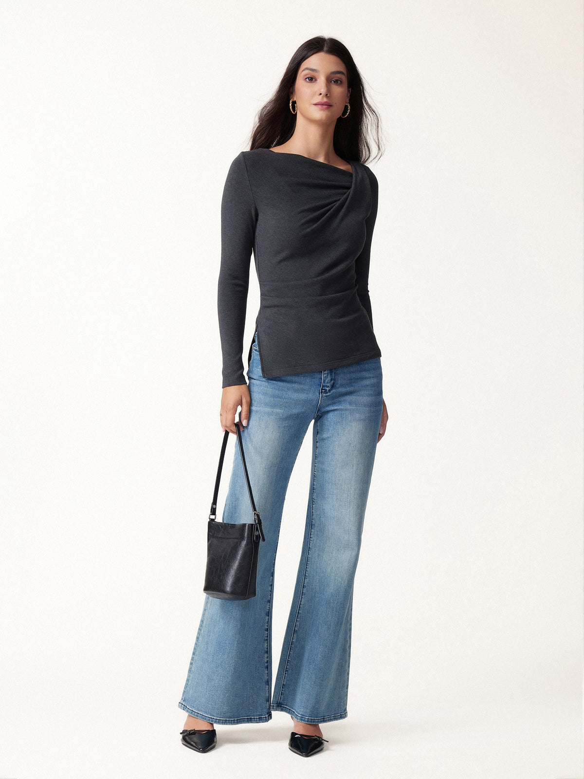 LiteWarm Asymmetrical Neck Long Sleeve Tucked-Waist Top — original photo 2