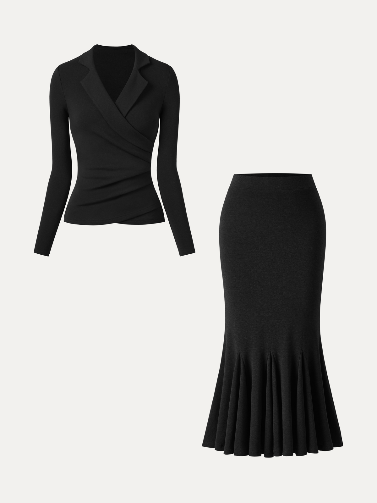 2Pcs Set ProWarm Collared Surplice Top & High-Rise Mermaid Midi Skirt — original photo 11