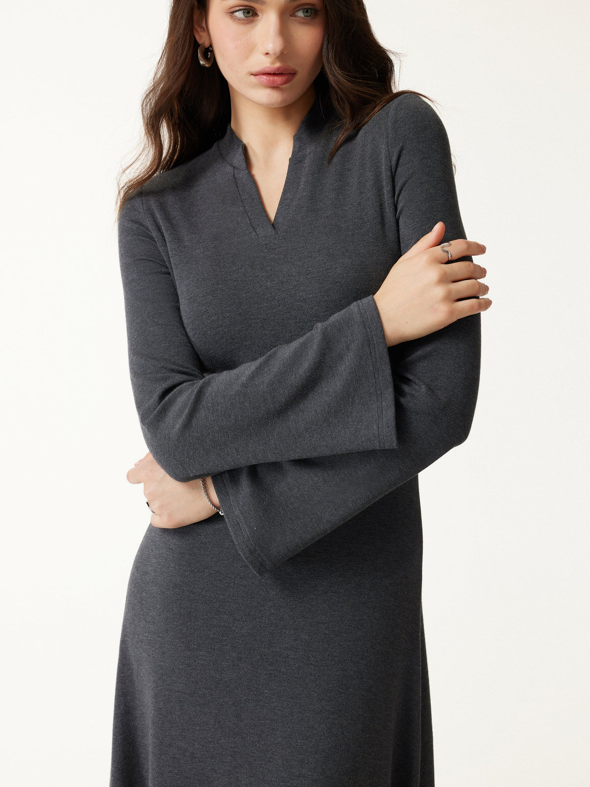 LiteWarm V-Neck Long Sleeve Flowy Midi Built-In Bra Dress — original photo 4