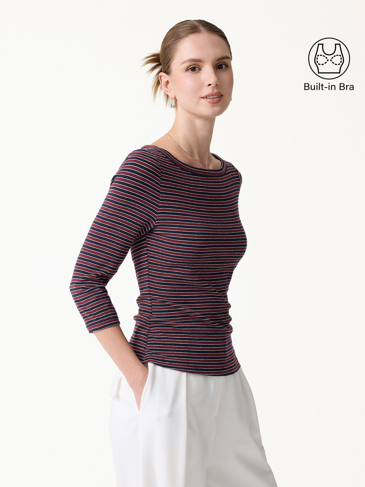 LiteWarm Striped Parisian Boatneck 3/4 Sleeve Built-In Bra Top — original photo 1