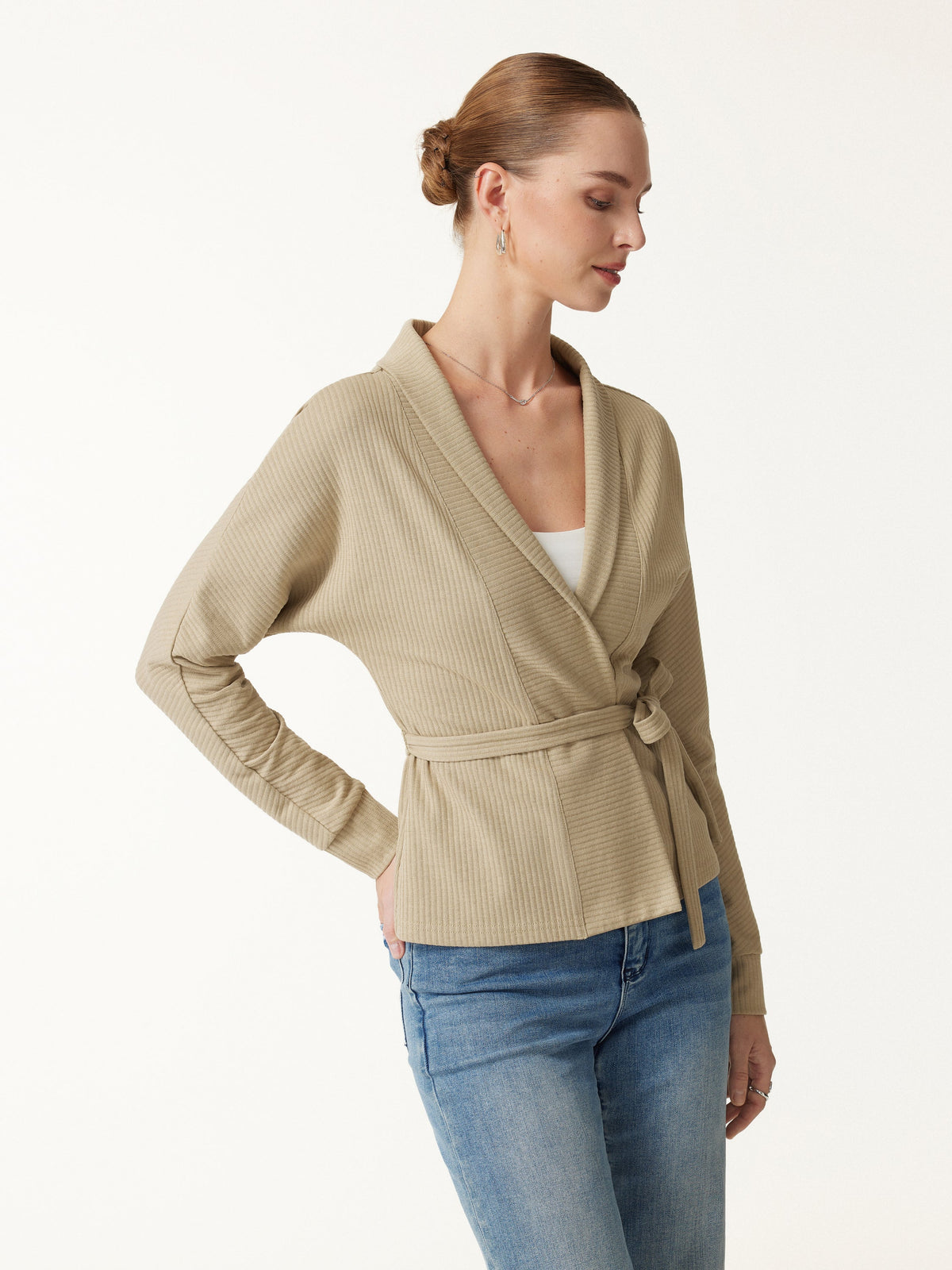 Textured Cotton Blend Lapel Belted Open-Front Jacket — original photo 3