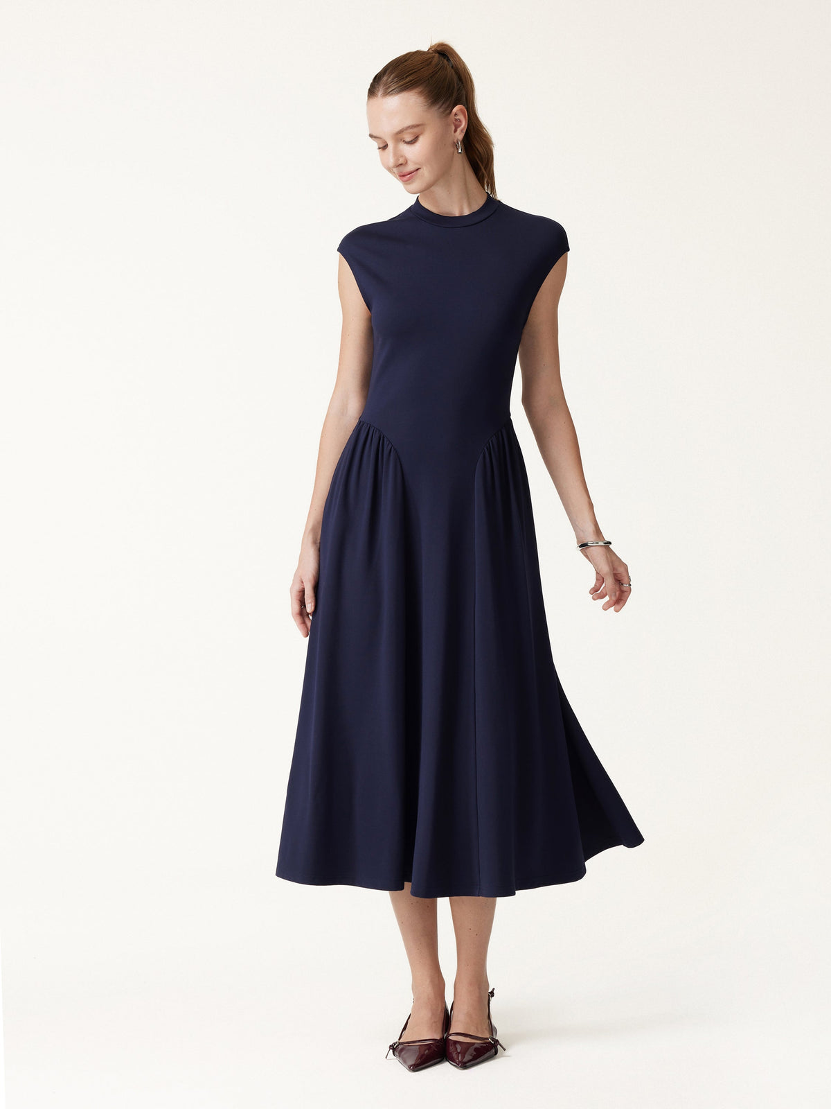 Ponte Mock Neck Ruched A-Line Midi Dress with Pockets — original photo 1