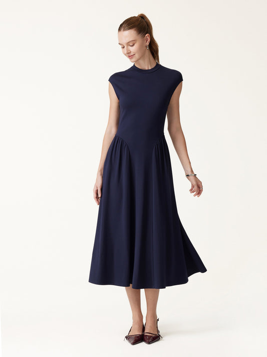 Ponte Mock Neck Ruched A-Line Midi Dress with Pockets — original photo 1