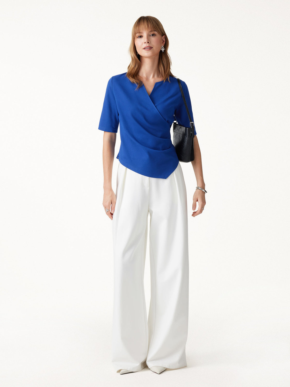 Ponte Surplice Elbow Sleeve Asymmetrical Hem Top — original photo 2