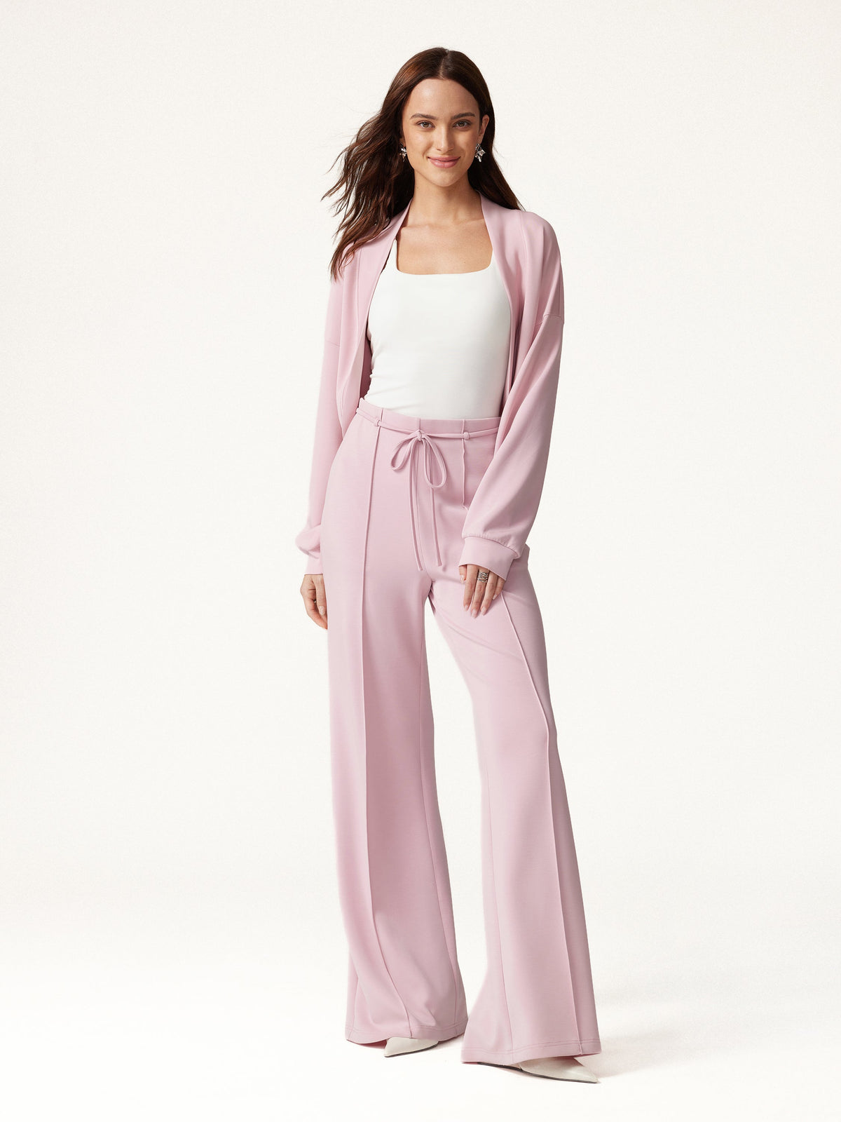 2Pcs Set Long Sleeve Drop-Shoulder Cardigan & High-Rise Flare Pants with Pockets — original photo 1