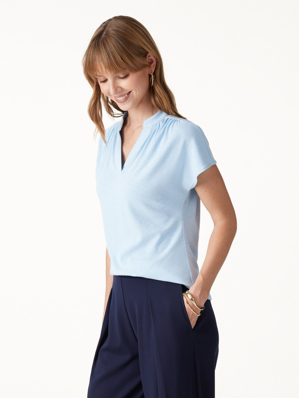 LiteWarm Collared V-Neck Short Sleeve Top — original photo 4
