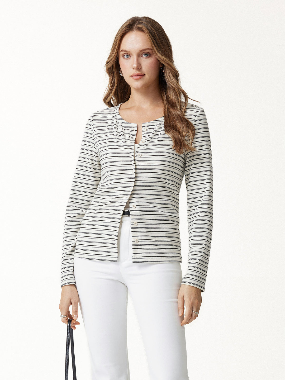 ProWarm Stripe Round Neck Long Sleeve Button-Up Cardigan — original photo 3