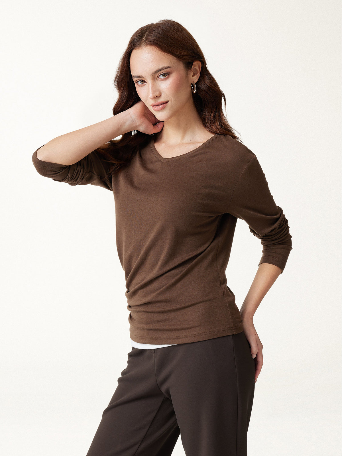LiteWarm V-Neck Long Sleeve Ruched Top — original photo 2