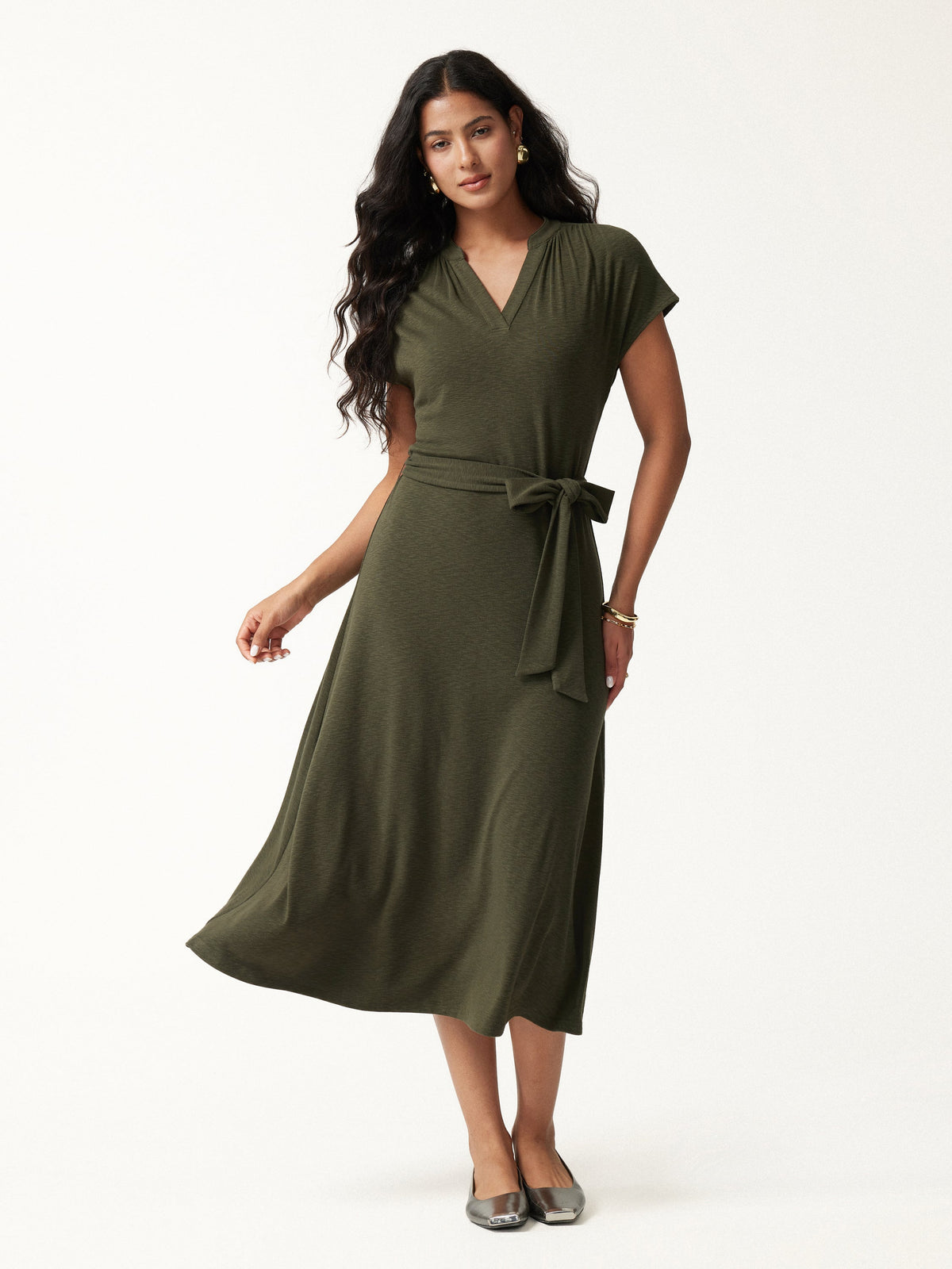 LiteWarm Neck Short Sleeve Belted Midi Dress — original photo 2