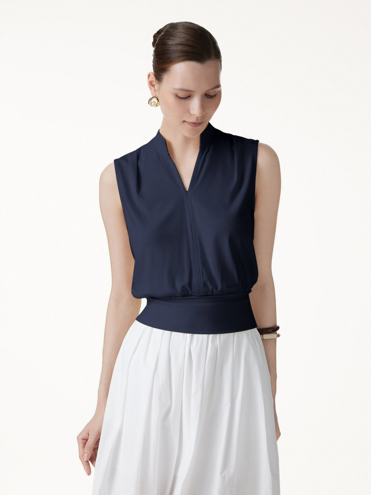 Cotton-Viscose V-neck Stand Collar Sleeveless Top — original photo 6