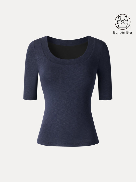 LiteWarm Slub U-Neck Elbow Sleeve Built-In Bra Top — original photo 1