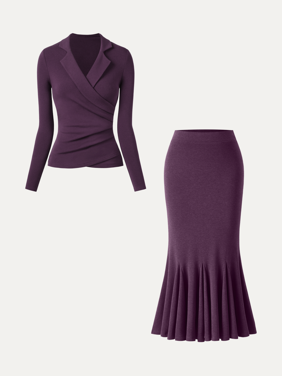 2Pcs Set ProWarm Collared Surplice Top & High-Rise Mermaid Midi Skirt — original photo 2