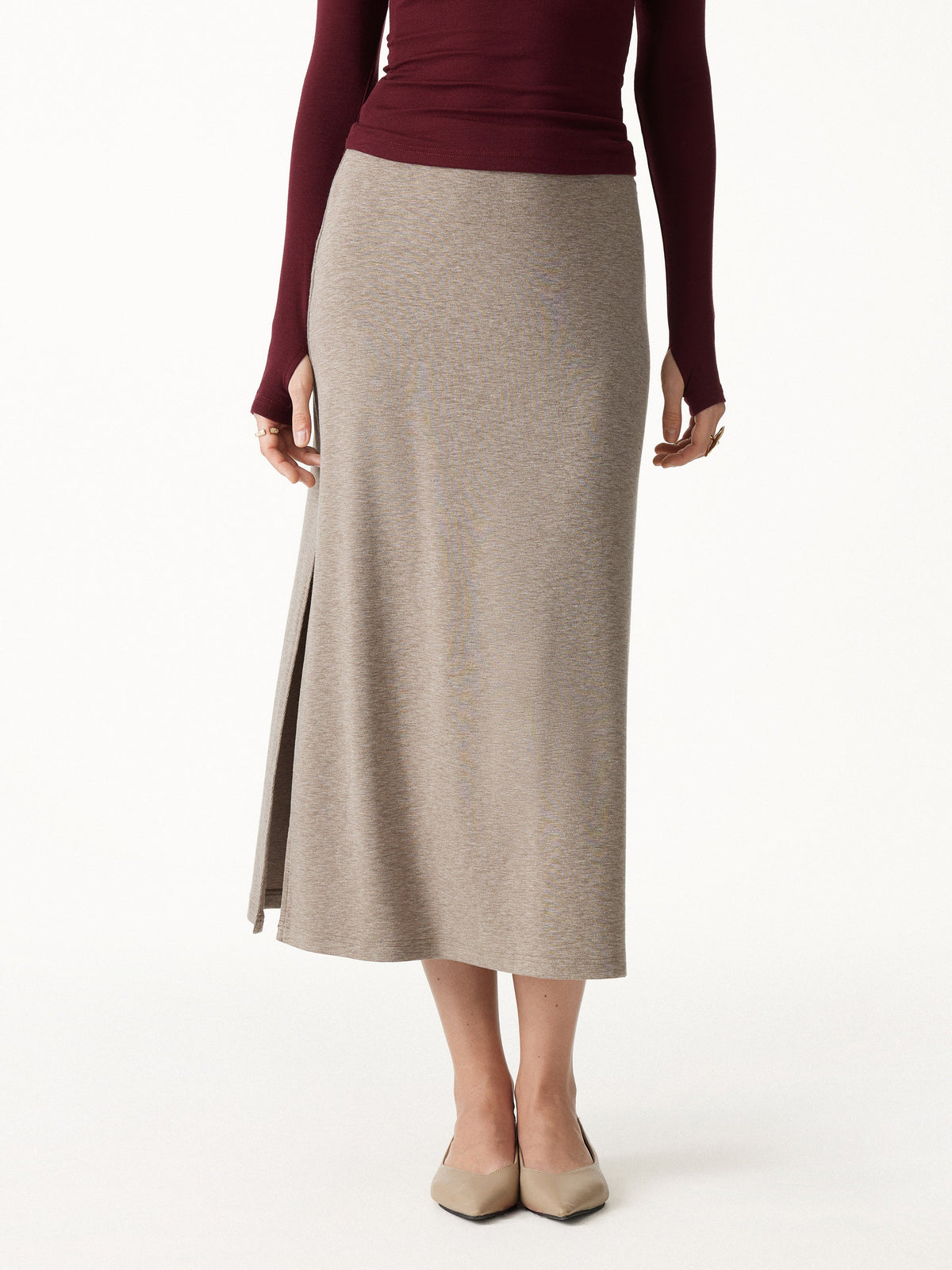 2Pcs Set LiteWarm Short Sleeve Tie-Side Top & Side-Slit A-Line Midi Skirt — original photo 7